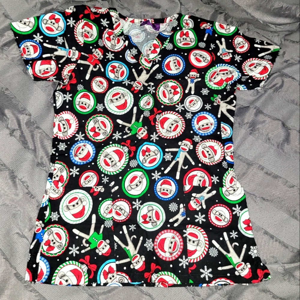 Impulse by Scrubworks Sock Monkey winters Snowflake scrub top